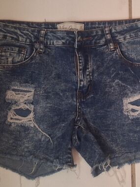 High-Rise Distressed Denim Shorts - Blue